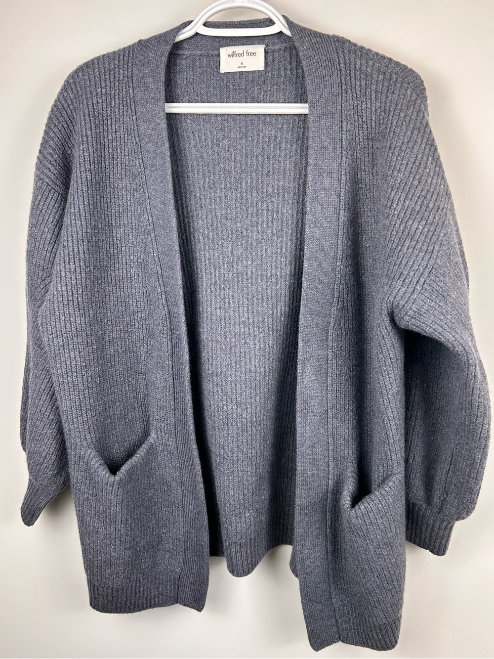 Wilfred Free Merino Wool Ribbed Open Front Cardigan Grey M